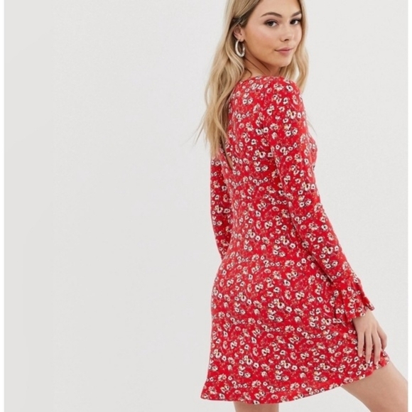 💘 Free People Say Hello Floral Mini Dress Long Sleeve Keyhole Red Ruffle Cuff - Picture 3 of 9